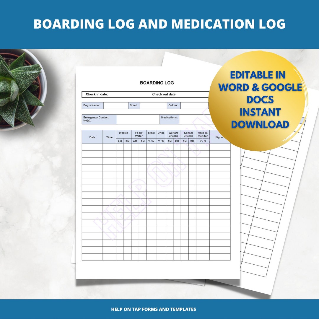 Essential Dog Boarding Log for a Kennel or Home Boarding Includes Dog