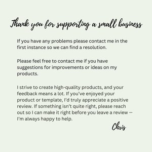 May include: A cream-colored card with black handwritten text. The text reads "Thank you for supporting a small business" and includes a message about contacting the seller with any issues or suggestions. Signed "Chris".