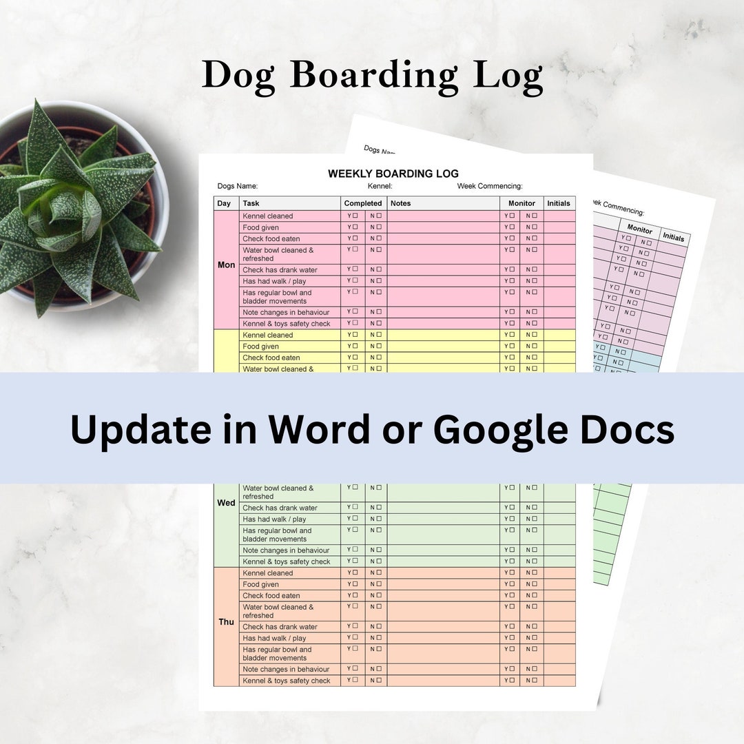 Essential Dog Boarding Log for a Kennel or Home Boarding Includes