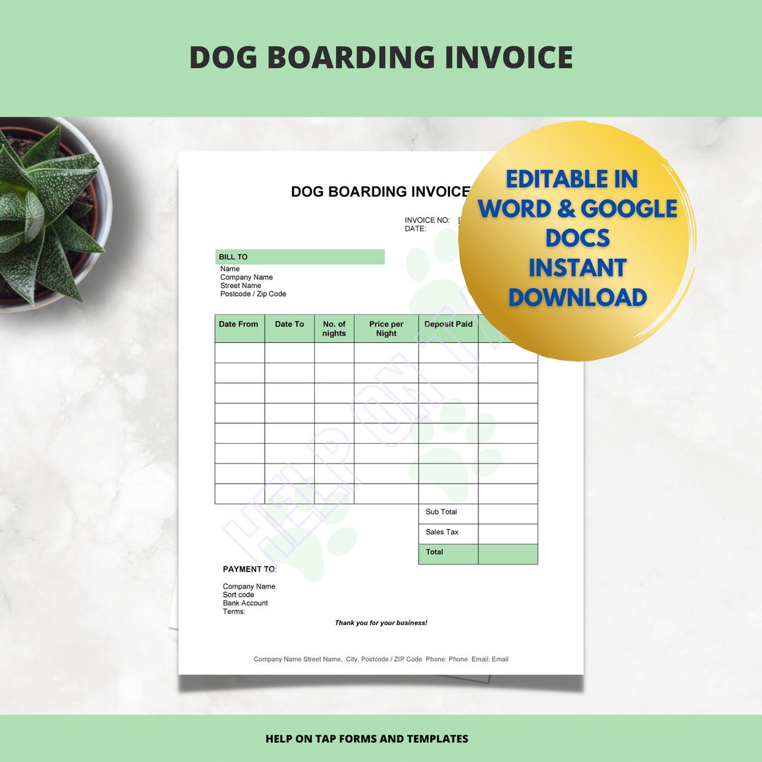 Dog Boarding Invoice Template green Word Editable Invoice Etsy