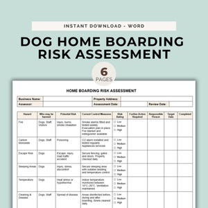 May include: A six-page Dog Home Boarding Risk Assessment document in Word format. The form includes columns for hazard, who may be harmed, potential risk, current control measures, risk rating, further action, responsible person, and target date.