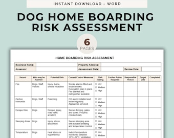 Dog Home Boarding Risk Assessment Template UK Compliant Safety Risk Tracker Dog Boarders Pet Form Checklist Matrix Residential Hazard Record