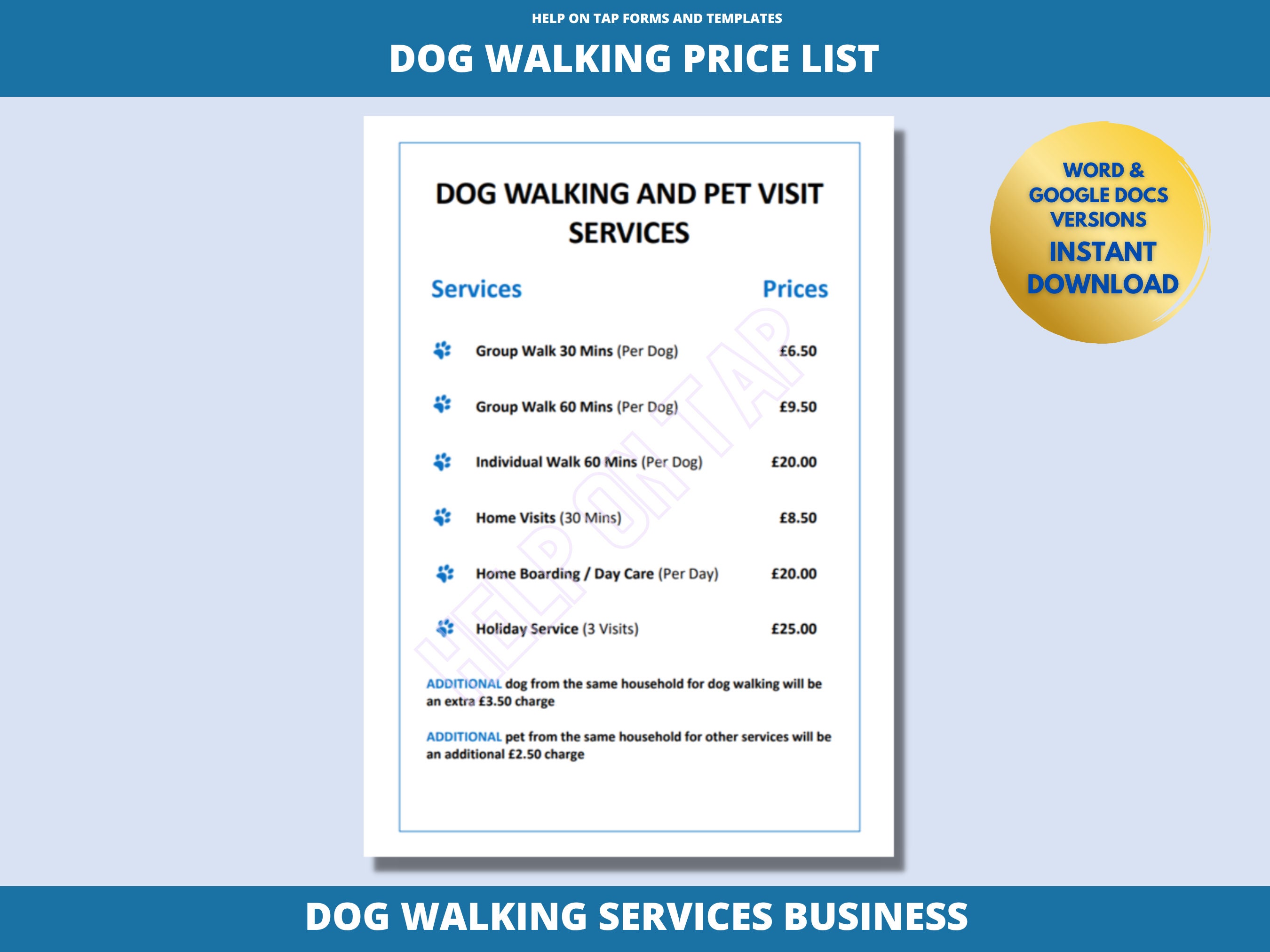 Dog Walking Price List blue Dog Services Price Charges Etsy