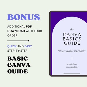 May include: A digital guide titled "The Canva Basics Guide" on a tablet screen. The guide has a purple border and a light purple background with white text. The text includes "Everything you need to know to get started with Canva."