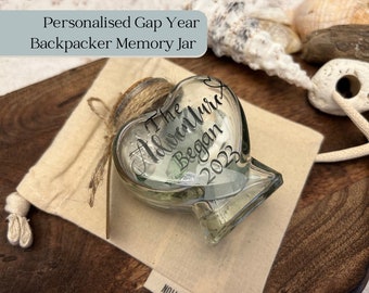 Gap year sand or shell bottle, personalised glass keepsake jar with cork stopper, twine and card tag. Vacation or Backpacking Gift.