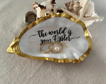 The World is your Oyster Gold Shell. Trinket Dish with Freshwater Pearl. Graduation Gift.