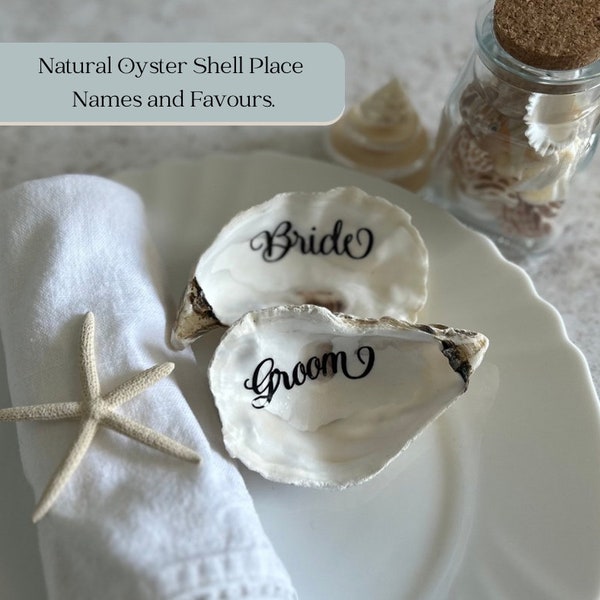 Natural oyster shell wedding place name and favour. Left natural for personalisation. Bride and groom, bridal party or destination weddings.