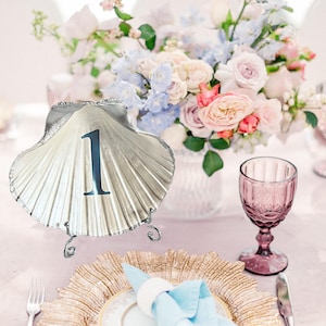 Silver Custom Scallop Shell Table Numbers. Beach Wedding Decor.