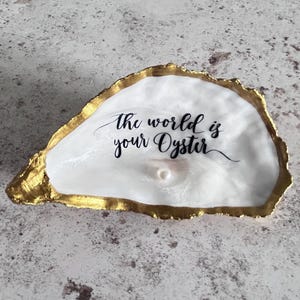The World is your Oyster Gold Shell. Trinket Dish with Freshwater Pearl. Graduation Gift.