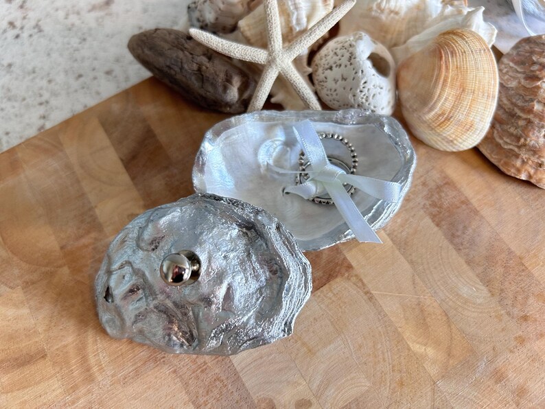 Silver Wedding Oyster Shell Ring Holder. Full Oyster Shell Ring Bearer