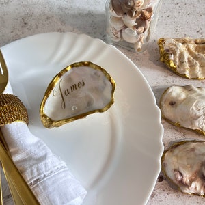 Antique Gold Oyster Shell Wedding Name Cards. Personalised Coastal ...