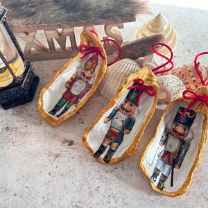 Nutcracker Christmas Tree Oyster Shell Ornament. Gold Vintage Style Set of 3.