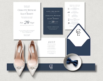 Navy Minimalist Wedding Set. Canva Editable Template, Digital Download. Modern Elegant Invitation.