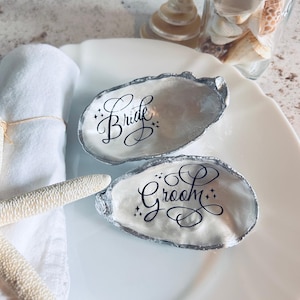 Silver Oyster Shell Wedding Place Card. Custom Coastal Beach Table Name and Favour.