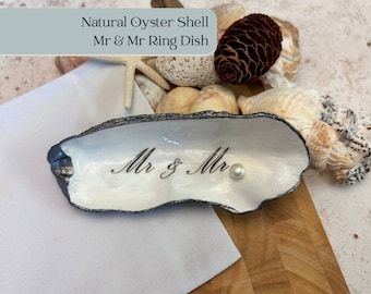 Mr and Mr silver decoupaged oyster shell dish. Same sex Wedding ring holder, cufflink dish. Gay couple Wedding Day gift. Shell ring bearer.