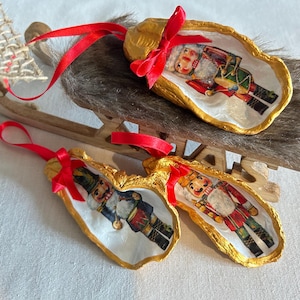 Nutcracker Christmas Tree Oyster Shell Ornament. Gold Vintage Style Set of 3.