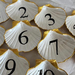 May include: Ten white seashells with gold trim, each with a black number from 1 to 10 painted on them.