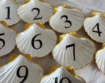Scallop Sea Shell Table Numbers or Names. Custom Colour Coastal Wedding Decor.