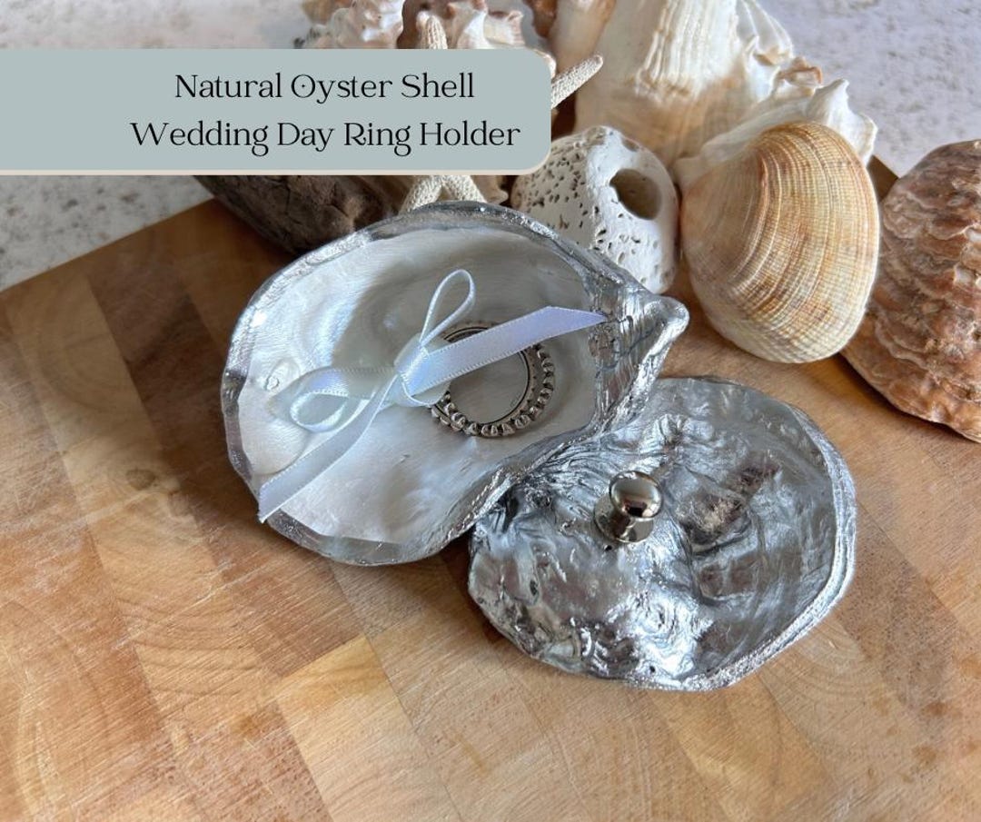 Silver Wedding Oyster Shell Ring Holder. Full Oyster Shell Ring Bearer