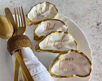 Antique Gold Oyster Shell Wedding Name Cards. Personalised Coastal Place Setting Wedding Party Favor.