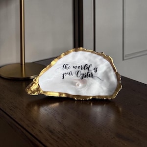 The World is your Oyster Gold Shell. Trinket Dish with Freshwater Pearl. Graduation Gift.