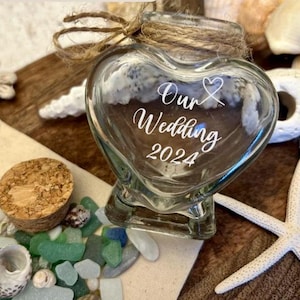 Beach Wedding Heart Sand Bottle. Personalised Honeymoon Destination Keepsake Jar.