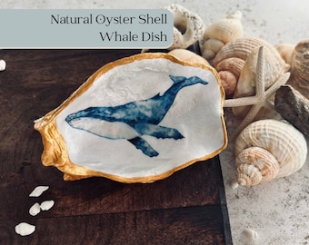 Blue whale oyster shell trinket dish. Watercolour sea life whale ornament. Ocean animal jewelry dish. Nautical bedroom or beach house decor.