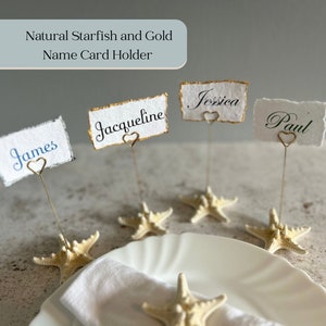 Nom de lieu d'étoile de mer. Porte-cartes naturel étoile de mer. Marque-places ensemencés pour mariage à destination. Porte-cartes coeur doré, cadeau photo.