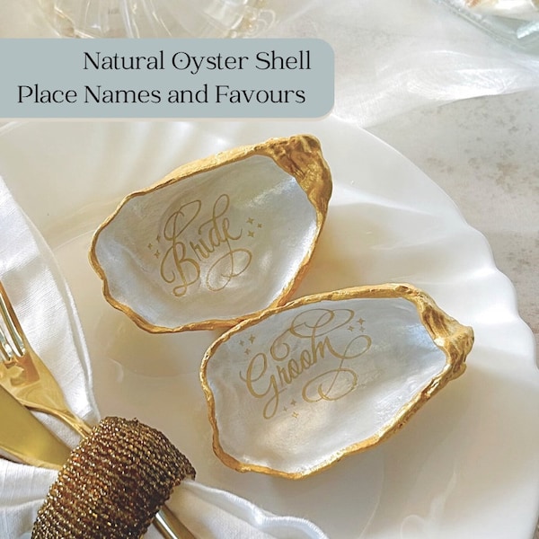 Gold Oyster Shell Wedding Place Card and Favour. Personalised name place for Bride and Groom. Custom Design place names.