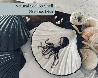 Octopus Scallop Shell Dish. Watch, cufflink, coins or jewellery holder. A unique birthday gift for him. Black vintage octopus desk tidy.