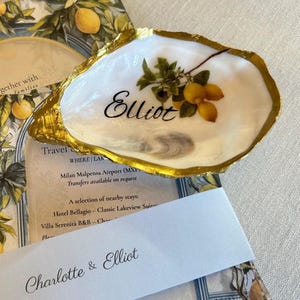 Zitrone Austernmuschel Hochzeit Gedeck. Personalisierte Hochzeit Gunsten Namen Karte.