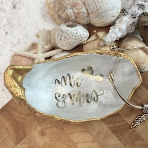 Gold Mr & Mrs Oyster Shell Ring Dish. Bride and Groom Wedding Ceremony Ring Holder.
