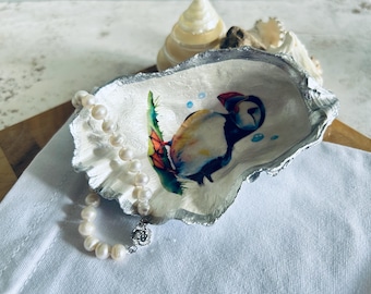 Silver Decoupage Puffin Oyster Shell Ring Dish. Beach House Trinket Holder.