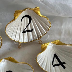 May include: White seashell table number holders with gold trim and black numbers. The shells are on small, decorative gold stands. The numbers 2 and 4 are visible in the image. These are ideal for weddings or special events.