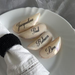 Personalised Mussel Shell Place Names. Destination Wedding Name Card.