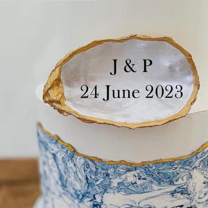 Personalised Gold Oyster Shell Cake Topper. Custom Beach Wedding Decoration.