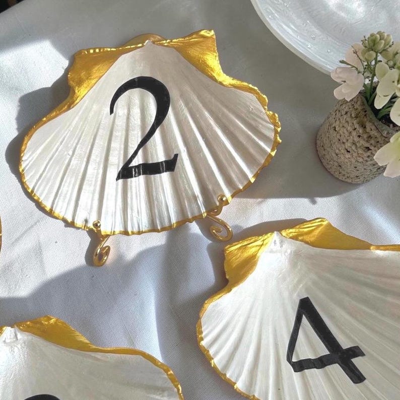 Scallop Shell Table Numbers. Gold Wedding Name Sign. Custom Colour ...