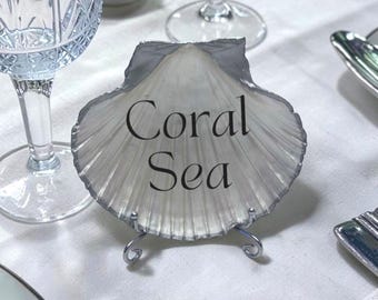 Personalised Scallop Shell Table Names or Numbers. Coastal Wedding Table Decor.