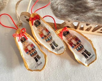 Personalised Nutcracker Oyster Shell Hanging Bauble. Festive Gold Christmas Soldier Tree Decoration.
