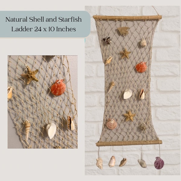 Nautical Wall Decor. Natural Net and Shell Wall Decoration. Bathroom Decor. Hanging Shell Mobile for Beach Decor or Garden. Spa Decor.