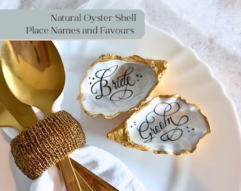Personalised oyster shell place card. Wedding place names and favours. Natural inside with custom colours. Destination or beach wedding.