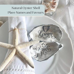 Silver Oyster Shell Wedding Place Card and Favour. Personalised name place for Bride and Groom. Custom Design place names.
