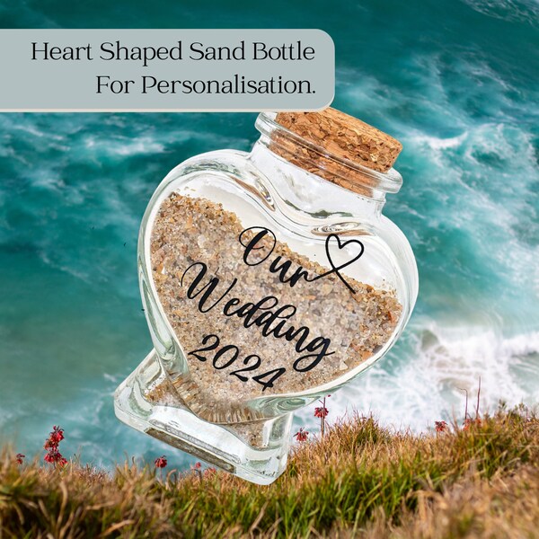 Honeymoon Heart Shaped Sand Bottle, Personalised Beach Wedding Jar with Cork Stopper and Card Tag, Keepsake Wedding or Desination  Gift.