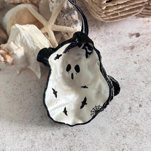 Halloween Ghost Oyster Shell Hanging Decoration. Spooky Bats and Soider Web All Hallow Decor.