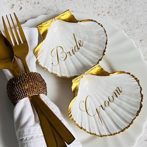 Gold Scallop Shell Wedding Place Names. Personalised Destination Dinner Favors and Keepsake.