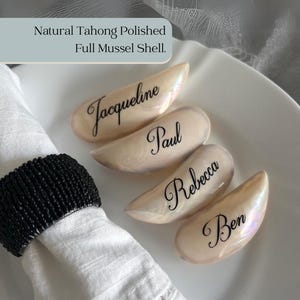 Natural Mussel shell place name. Destination wedding shell. Tahong polished shell name place and guest favours. Beach wedding name card.
