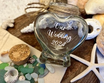 Beach Wedding Heart Sand Bottle. Personalised Honeymoon Destination Keepsake Jar.