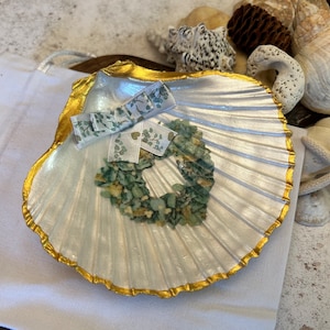 Floral Heart Scallop Shell Ring Dish: Gold and Green Coastal Home Decor.