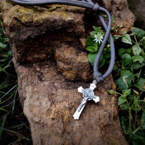 The Necklace that Won't Break - Crucifix / Latin Miraculous Medal - 3 Knot Charcoal Gray Paracord