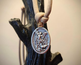 Unbreakable Necklace - Saint Michael Medal - 3 Knot Tan Paracord